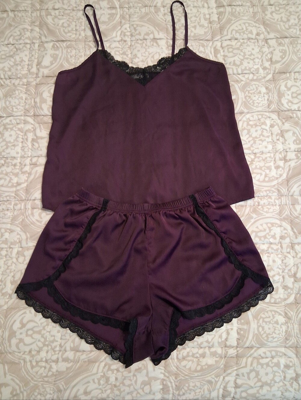 Women’s Satin Lace-Trim Camisole & Short Set - Plum